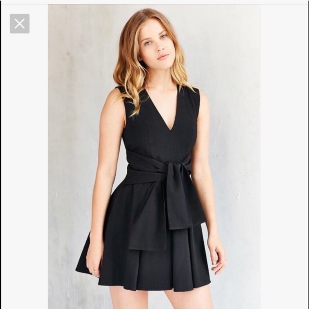 Keepsake High Tide Mini Dress Black Pleated Skater Deep V Sash Tie